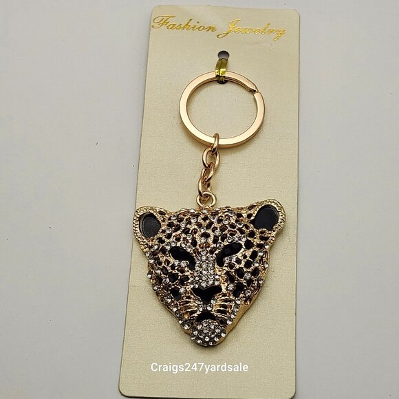 Jaguar Leopard Key Ring Gold Tone Rhinestones Betsey Johnson - Picture 3 of 4
